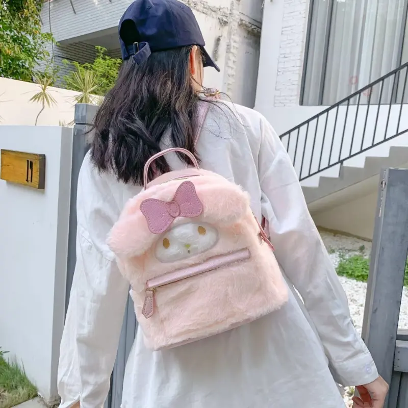 Kawaii Cartoon Plush Pink Bow My Melody Girl Backpack Large Capacity Student Cute Cinnamoroll Backpack