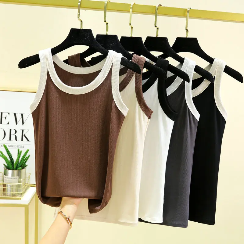 Rib Cotton O-Neck Tank Tops Contrast color Camisole Summer Vest sleeveless Tees women's thin Top