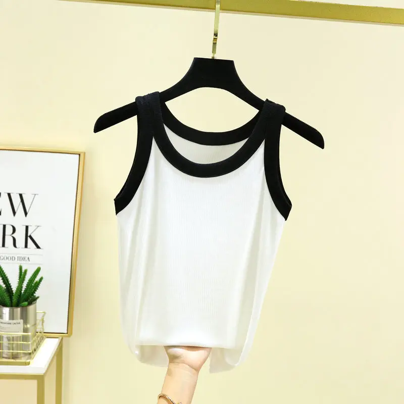 Rib Cotton O-Neck Tank Tops Contrast color Camisole Summer Vest sleeveless Tees women's thin Top
