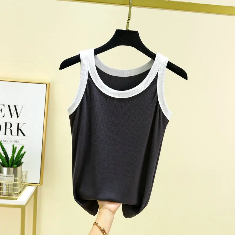 Rib Cotton O-Neck Tank Tops Contrast color Camisole Summer Vest sleeveless Tees women's thin Top