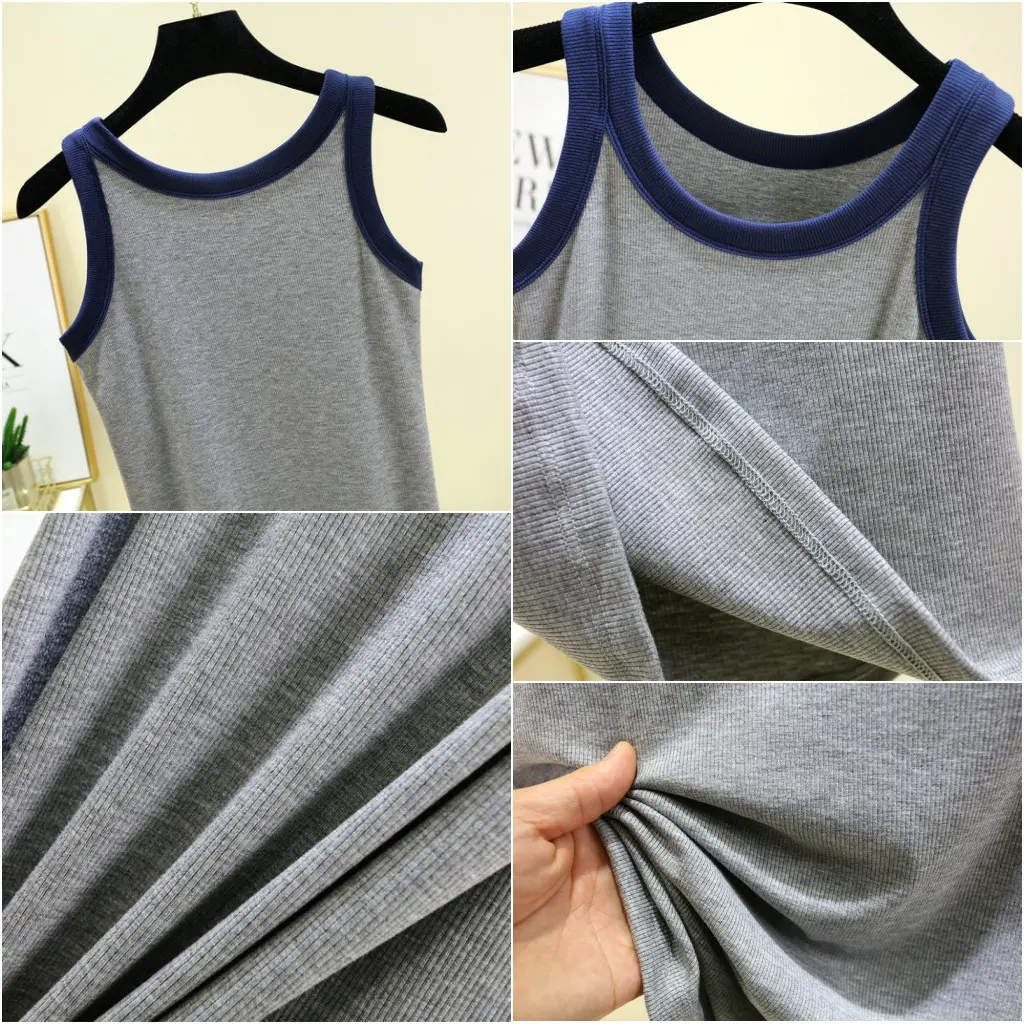 Rib Cotton O-Neck Tank Tops Contrast color Camisole Summer Vest sleeveless Tees women's thin Top