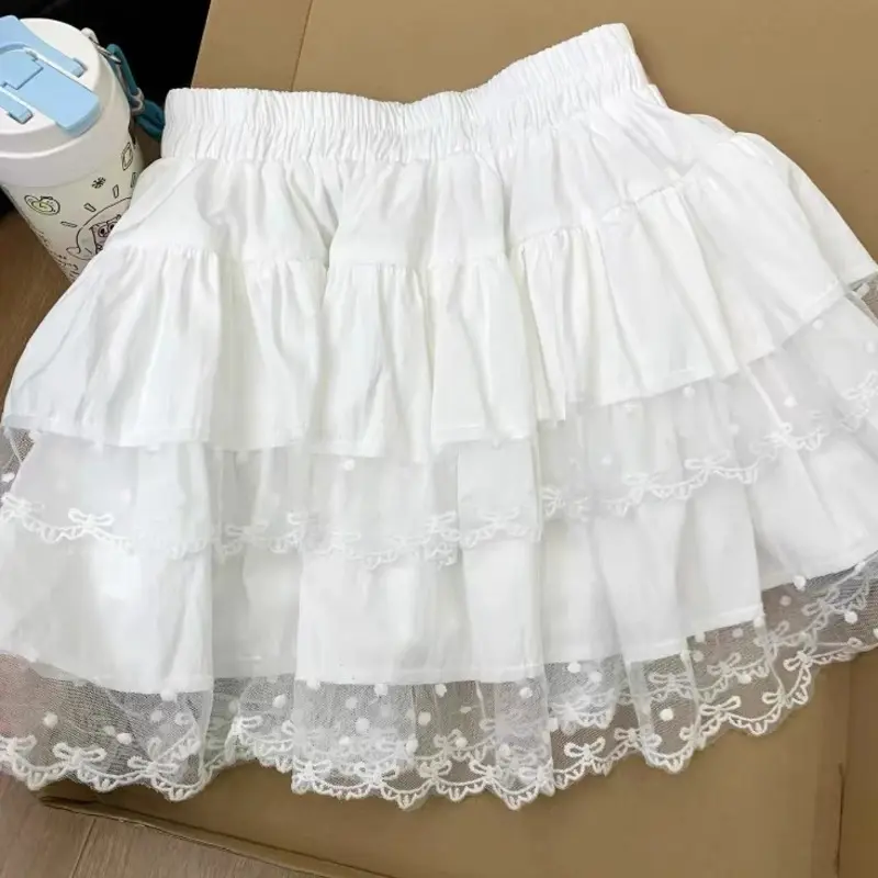 Miniso Pleated Hellokitty Lolita Style Skirts Lace Patchwork Y2k Cake Skirts Elastic Waist Kawaii Ball Gown Mini Skirts Girls