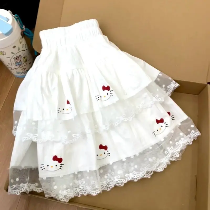 Miniso Pleated Hellokitty Lolita Style Skirts Lace Patchwork Y2k Cake Skirts Elastic Waist Kawaii Ball Gown Mini Skirts Girls