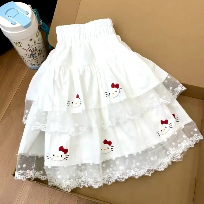 Miniso Pleated Hellokitty Lolita Style Skirts Lace Patchwork Y2k Cake Skirts Elastic Waist Kawaii Ball Gown Mini Skirts Girls
