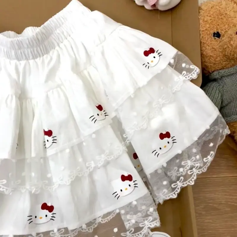Miniso Pleated Hellokitty Lolita Style Skirts Lace Patchwork Y2k Cake Skirts Elastic Waist Kawaii Ball Gown Mini Skirts Girls