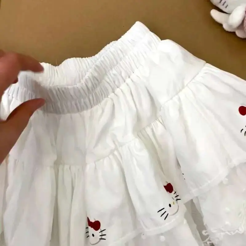 Miniso Pleated Hellokitty Lolita Style Skirts Lace Patchwork Y2k Cake Skirts Elastic Waist Kawaii Ball Gown Mini Skirts Girls