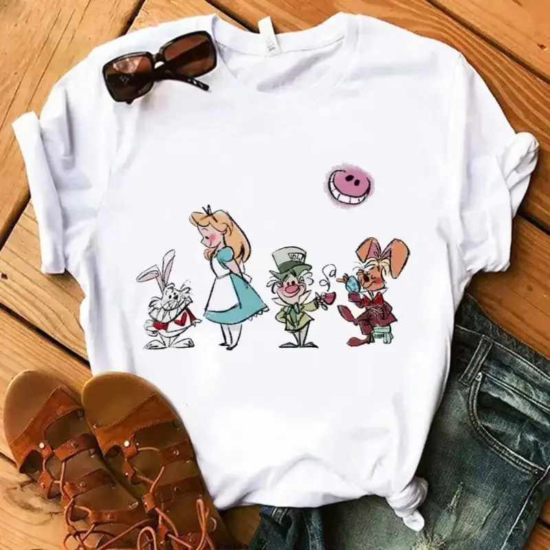 Disney Kawaii Wonderland Women T-shirt Harajuku 2025 Summer Short Sleeve T Shirt Streetwear Casual O-neck Unisex Clothes Top Tee