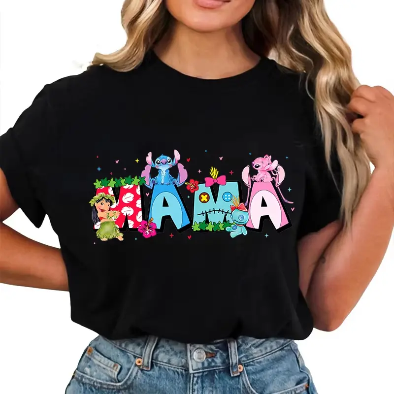 Summer New Top Disney Cartoon Stitch Mama Printed Women's 100% Cotton T-shirt Short-sleeved Casual Top Personalized Clothing