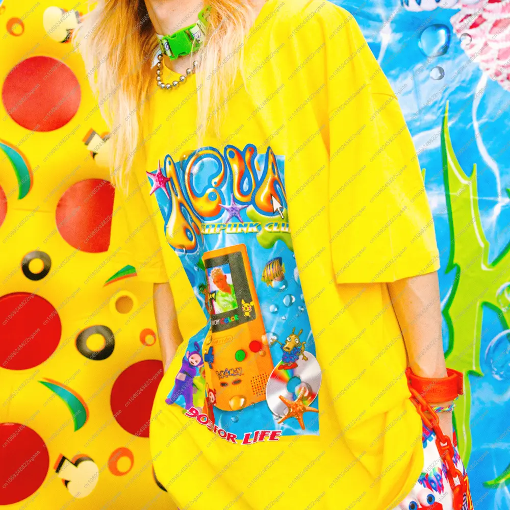 D.E.K 90s Millennium Y2k Game Console Spice Girl Subculture Oversized Slimming Bright Yellow T Shirt Top Cotton Clothes Top New