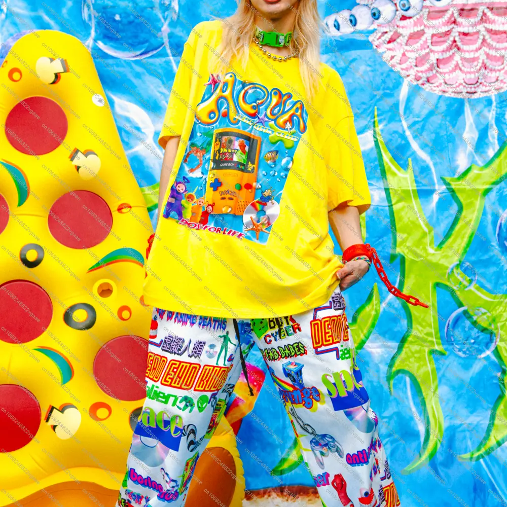 D.E.K 90s Millennium Y2k Game Console Spice Girl Subculture Oversized Slimming Bright Yellow T Shirt Top Cotton Clothes Top New