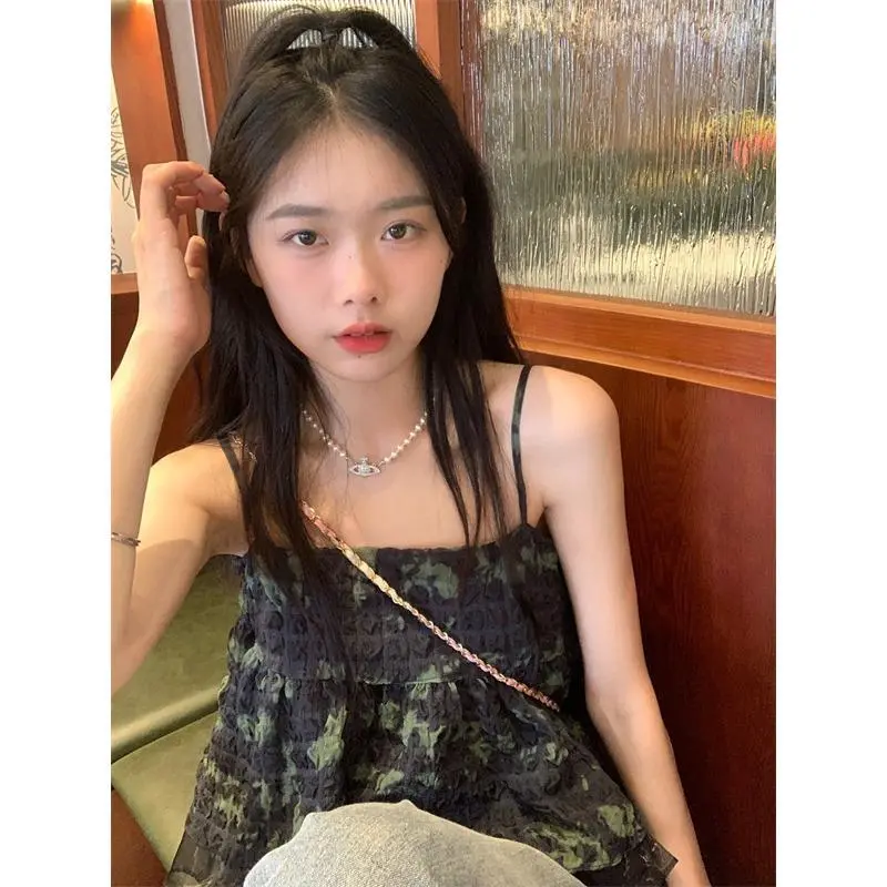 Retro Tie-dyed Pleated Small Suspender Vest for Women in Summer New Sweet Loose Short Top