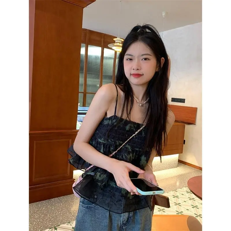 Retro Tie-dyed Pleated Small Suspender Vest for Women in Summer New Sweet Loose Short Top