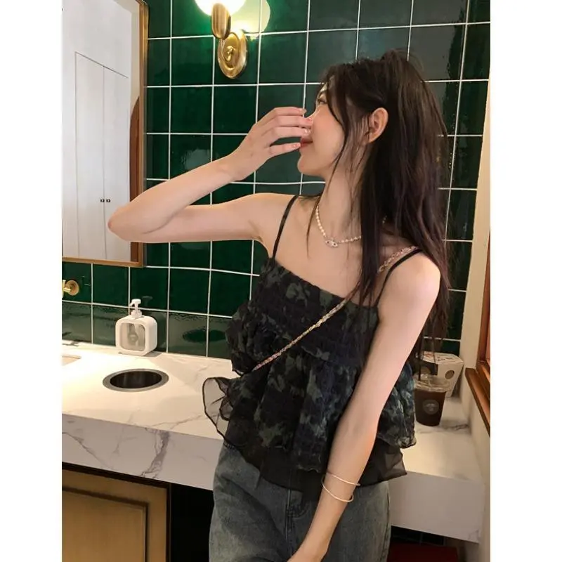 Retro Tie-dyed Pleated Small Suspender Vest for Women in Summer New Sweet Loose Short Top