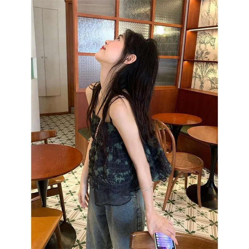 Retro Tie-dyed Pleated Small Suspender Vest for Women in Summer New Sweet Loose Short Top