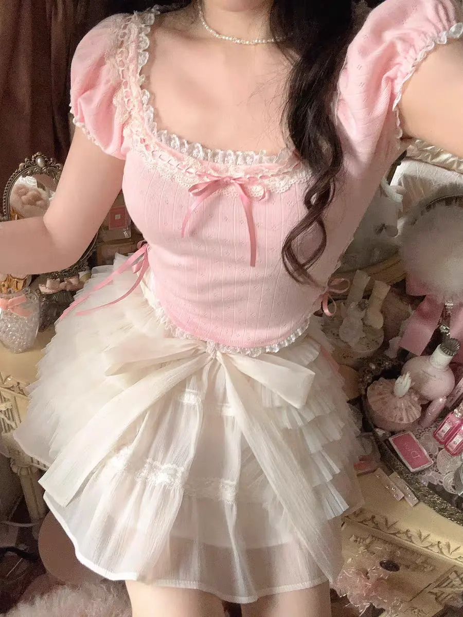 Princess sweet lolita bobon21 cute lace bow slim fit Tie knit doll shirt T-shirt top T2255