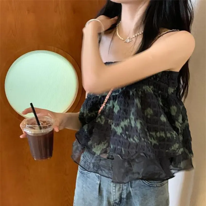Retro Tie-dyed Pleated Small Suspender Vest for Women in Summer New Sweet Loose Short Top