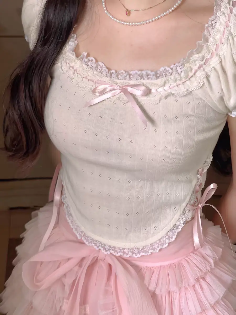 Princess sweet lolita bobon21 cute lace bow slim fit Tie knit doll shirt T-shirt top T2255