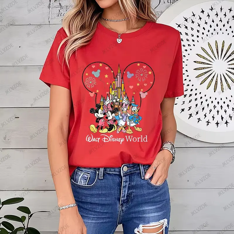 MINISO Cartoon Disney World Mickey And Friends Print Summer New Women's Cotton T-Shirt Short Sleeve Tees Casual Couple Tops