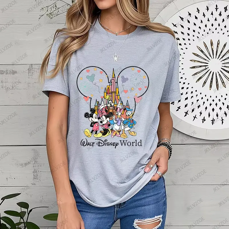 MINISO Cartoon Disney World Mickey And Friends Print Summer New Women's Cotton T-Shirt Short Sleeve Tees Casual Couple Tops