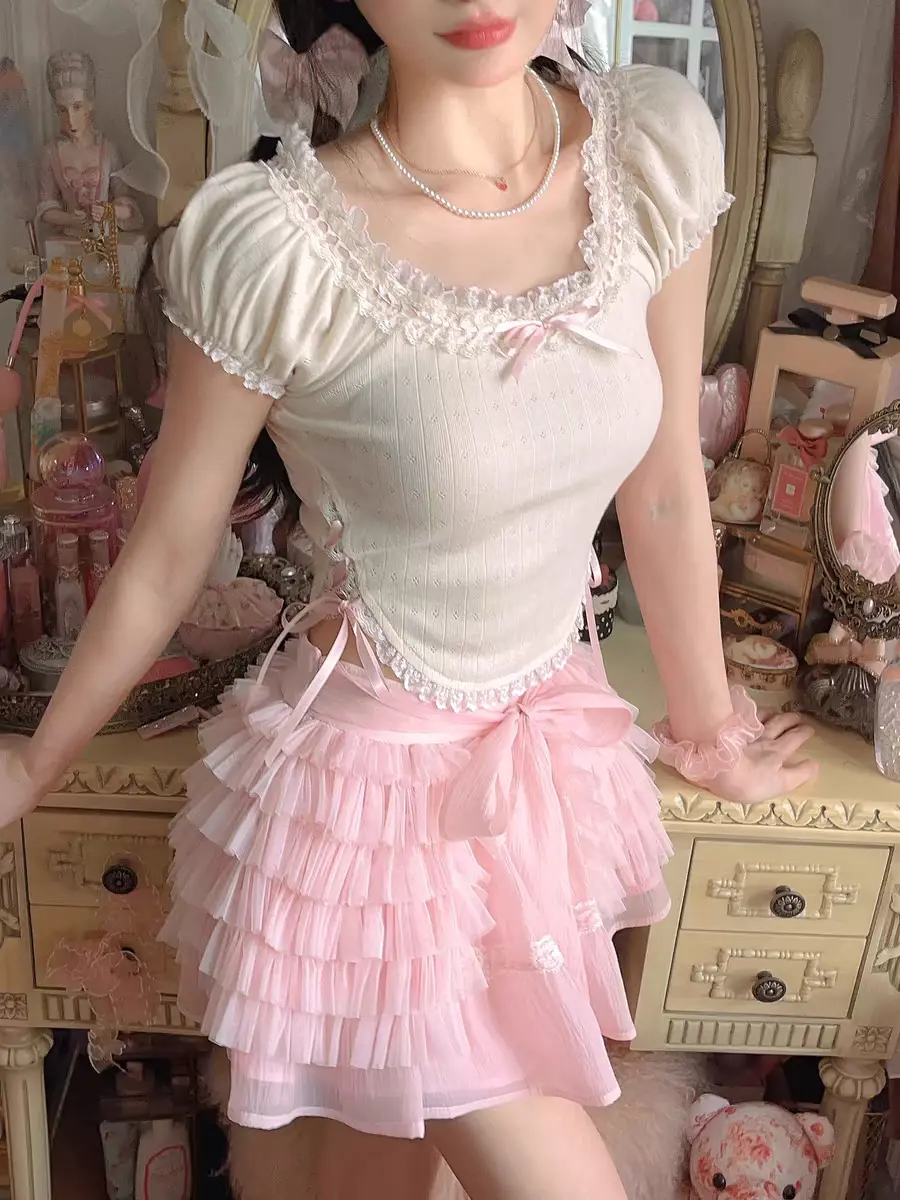 Princess sweet lolita bobon21 cute lace bow slim fit Tie knit doll shirt T-shirt top T2255