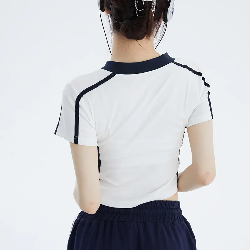 European, American Korean version 2025 new retro spicy girl V-neck slim fit short casual sports T-shirt contrasting colors