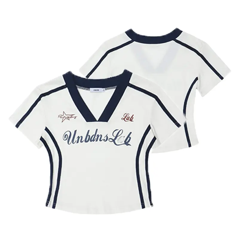 European, American Korean version 2025 new retro spicy girl V-neck slim fit short casual sports T-shirt contrasting colors