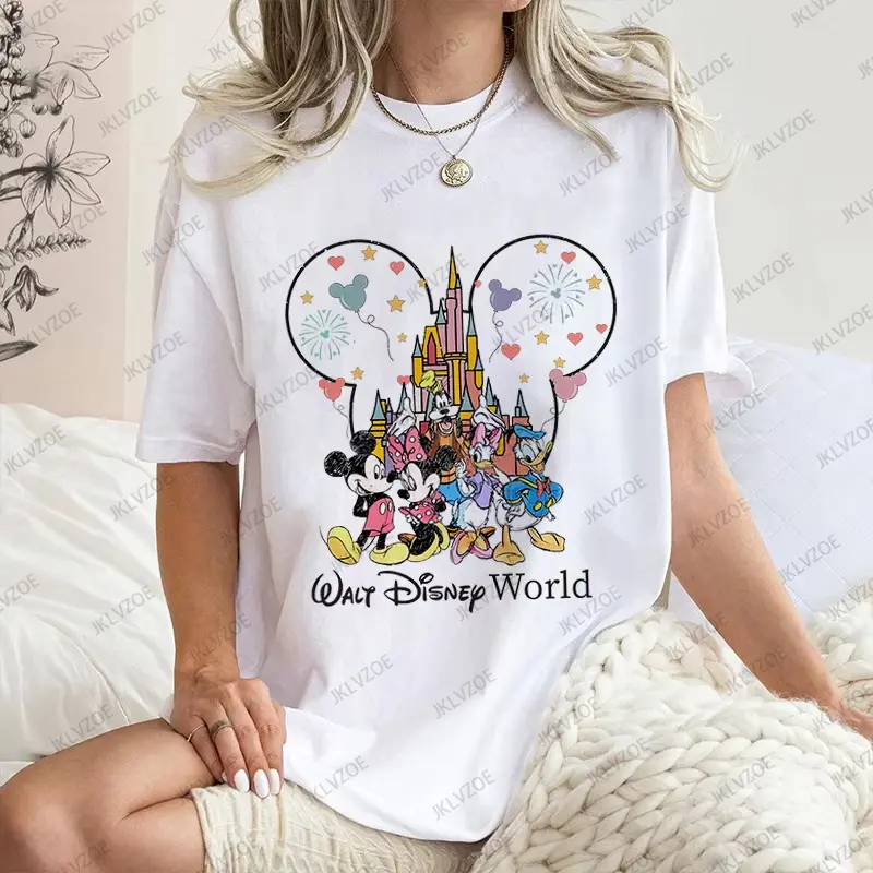 MINISO Cartoon Disney World Mickey And Friends Print Summer New Women's Cotton T-Shirt Short Sleeve Tees Casual Couple Tops