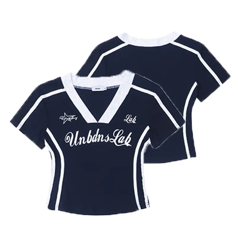 European, American Korean version 2025 new retro spicy girl V-neck slim fit short casual sports T-shirt contrasting colors