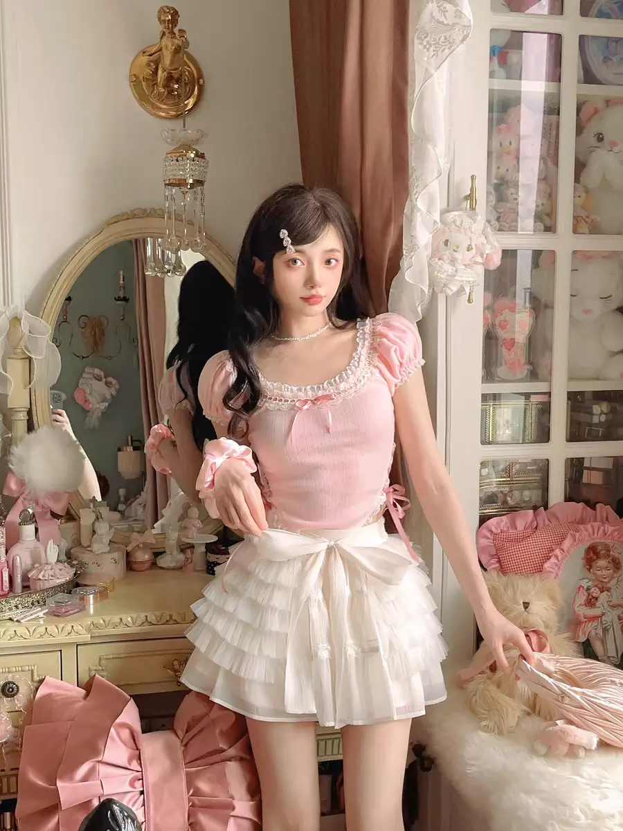 Princess sweet lolita bobon21 cute lace bow slim fit Tie knit doll shirt T-shirt top T2255