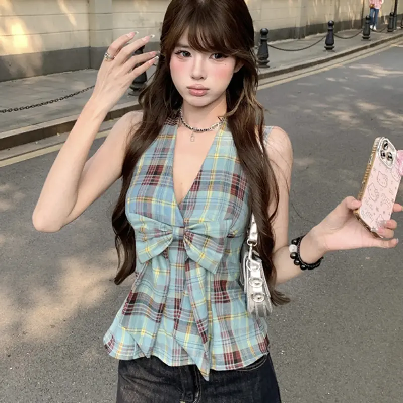 Bow Plaid 100% Cotton Women tanks Hottie Halter V Neck Sleeveless Female Sexy Tops Summer Beach Fashion Slim Ladies Tank Top