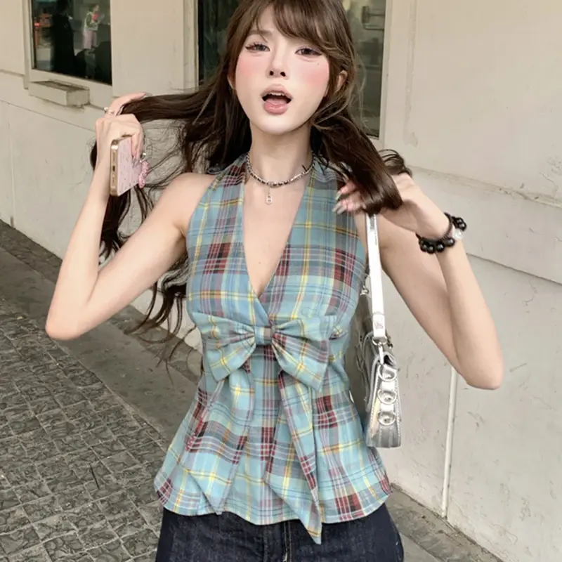 Bow Plaid 100% Cotton Women tanks Hottie Halter V Neck Sleeveless Female Sexy Tops Summer Beach Fashion Slim Ladies Tank Top