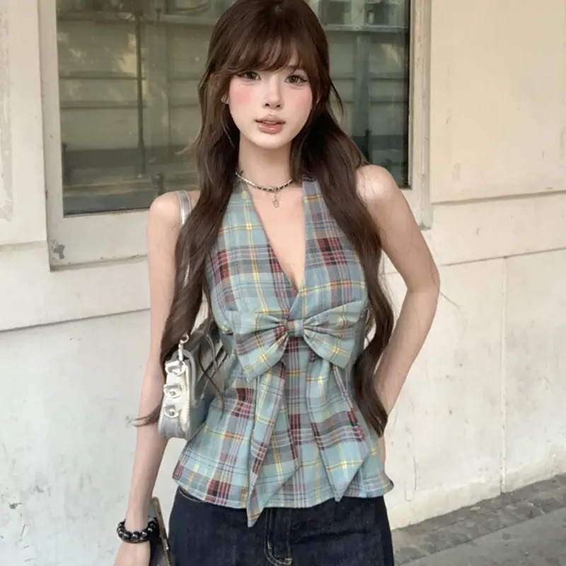 Bow Plaid 100% Cotton Women tanks Hottie Halter V Neck Sleeveless Female Sexy Tops Summer Beach Fashion Slim Ladies Tank Top