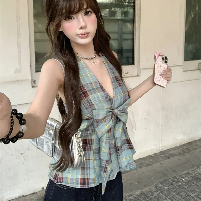 Bow Plaid 100% Cotton Women tanks Hottie Halter V Neck Sleeveless Female Sexy Tops Summer Beach Fashion Slim Ladies Tank Top
