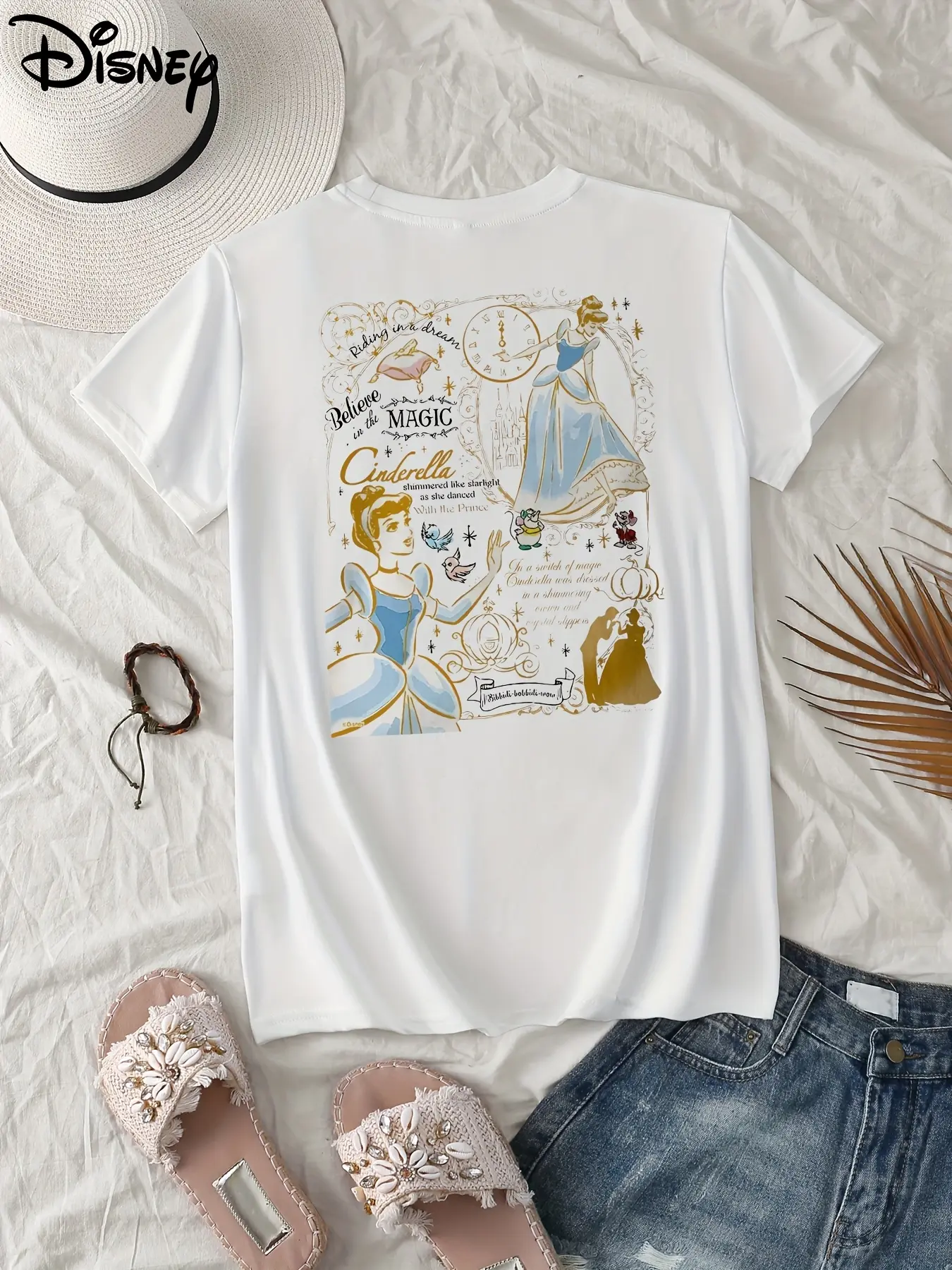 Disney Cinderella Girl Kids Summer T-shirt Family Parent-child Outfit Fairy Tale Casual Animation Comfortable Short Sleeve Women