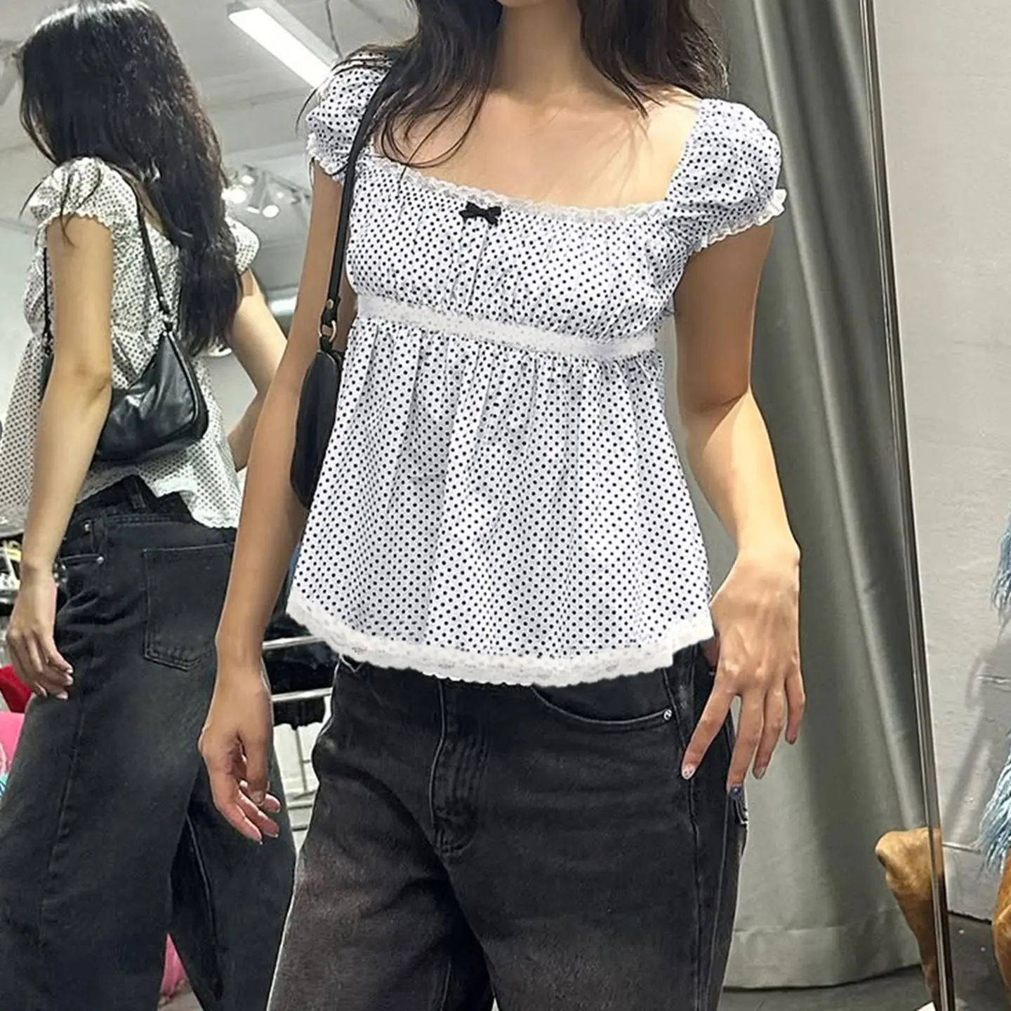 Onalippa 2025 New Sweet Lace Polka Dot Girl Doll Dress Shirt French Design Niche Lace Bubble Sleeves Simple Casual Top