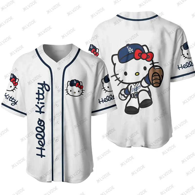 MINISO Summer New Kawaii Hello Kitty Sports Women Men Baseball Jersey Short Sleeves Anime Loose Baseball Uniform Casual Tops