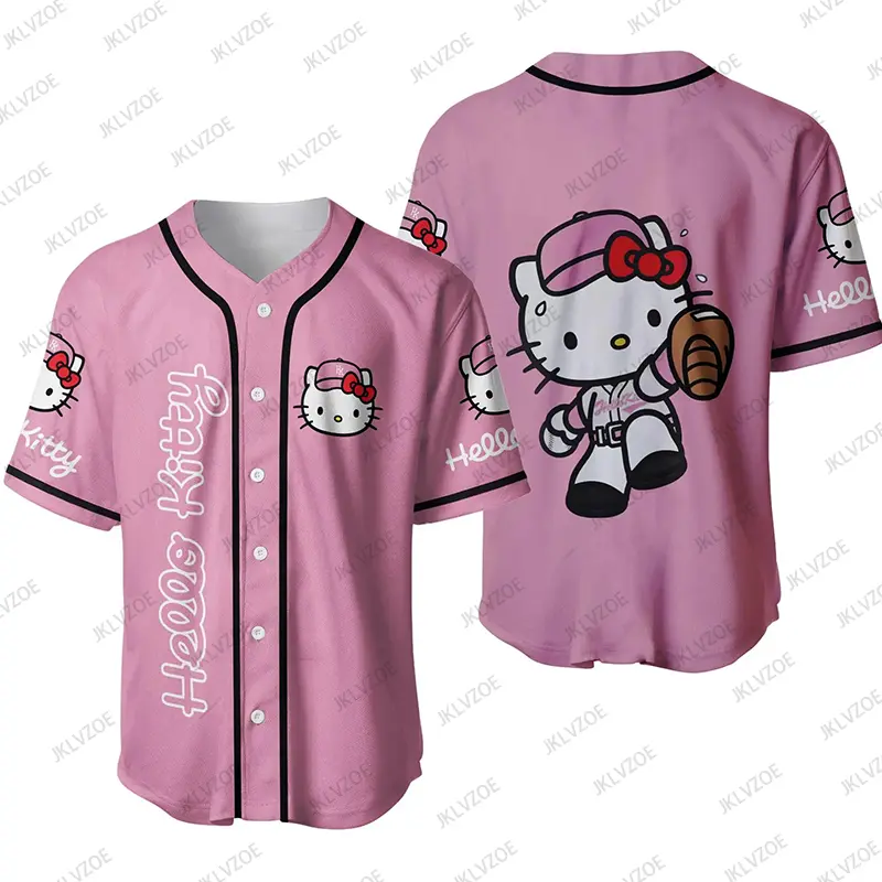 MINISO Summer New Kawaii Hello Kitty Sports Women Men Baseball Jersey Short Sleeves Anime Loose Baseball Uniform Casual Tops
