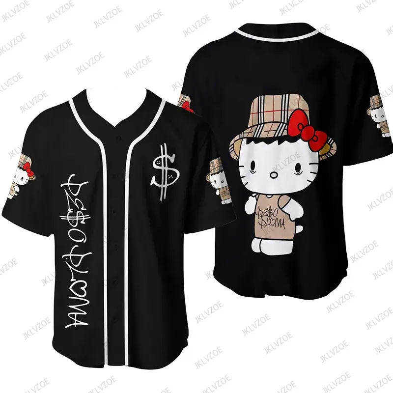 MINISO Summer New Kawaii Hello Kitty Sports Women Men Baseball Jersey Short Sleeves Anime Loose Baseball Uniform Casual Tops