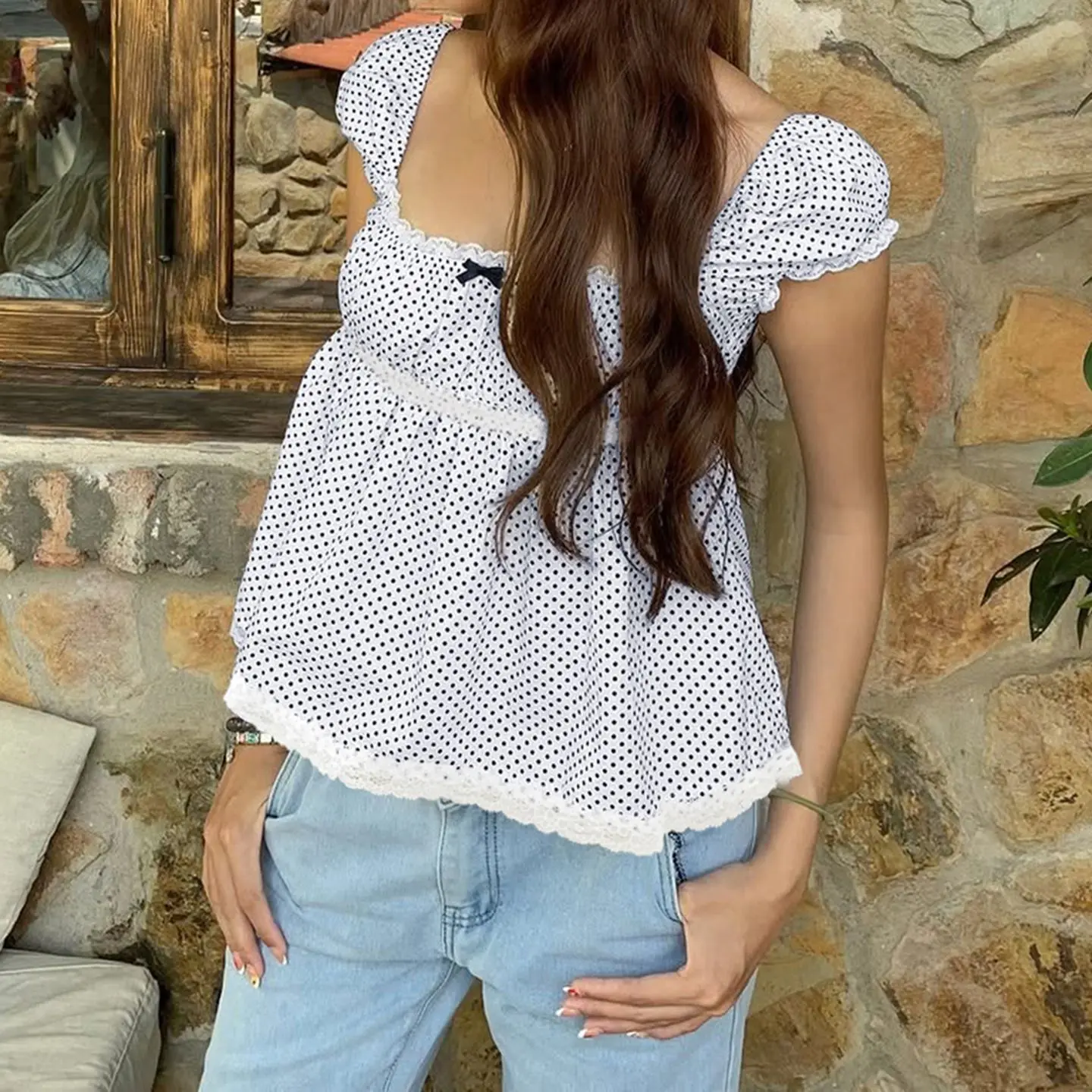 Onalippa 2025 New Sweet Lace Polka Dot Girl Doll Dress Shirt French Design Niche Lace Bubble Sleeves Simple Casual Top