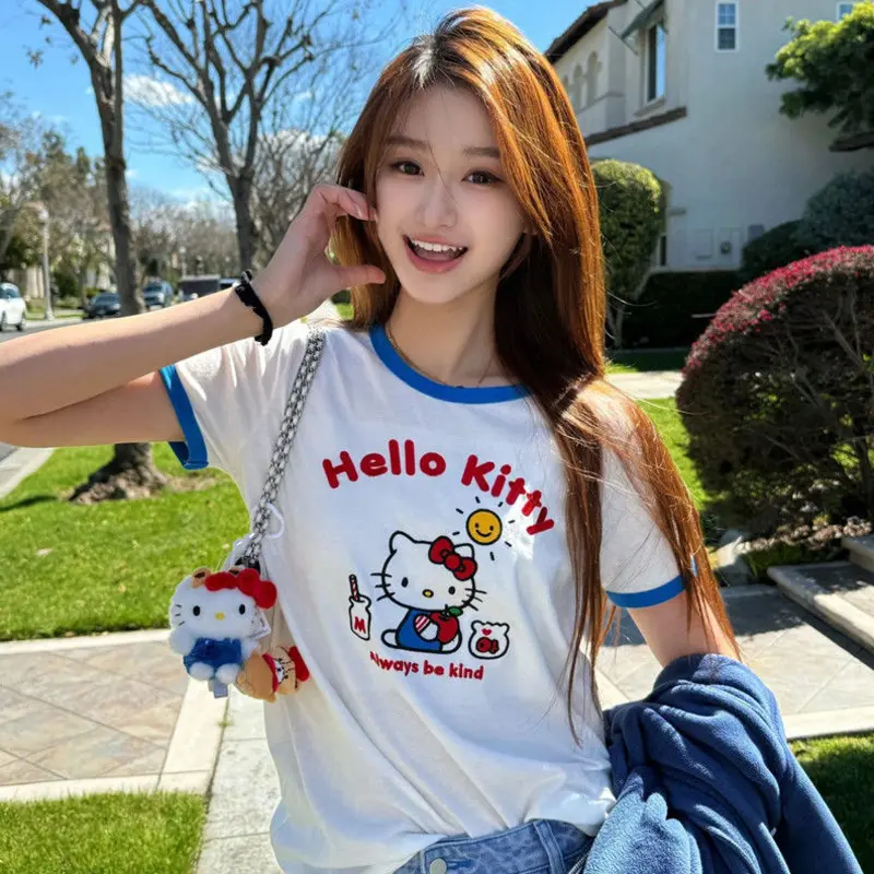 Miniso Cotton Hellokitty Cute T-shirt Girls Patchwork Korean White Top O-neck Casual Short Sleeve Tees Kawaii Anime Print Shirts