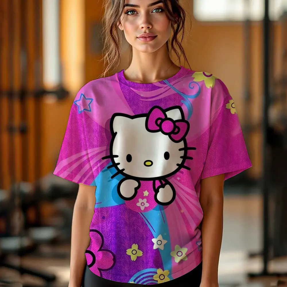 Girl Women's T-shirt Casual Kawaii Hello Kitty Cartoon Pattern Print Tshirt Comfortable Casual Women's Clothing Black Top