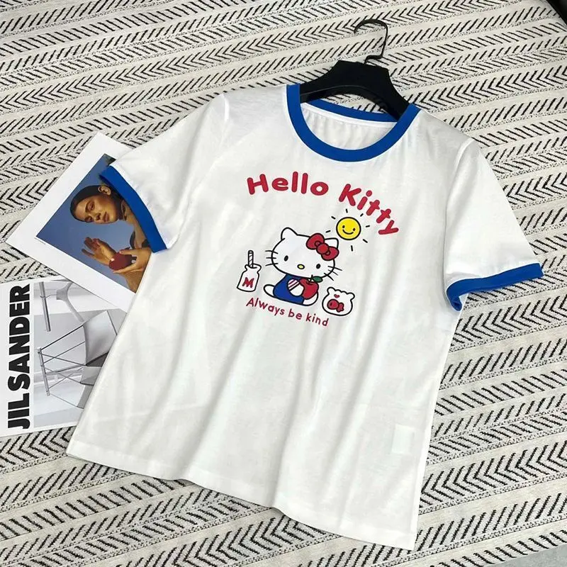 Miniso Cotton Hellokitty Cute T-shirt Girls Patchwork Korean White Top O-neck Casual Short Sleeve Tees Kawaii Anime Print Shirts