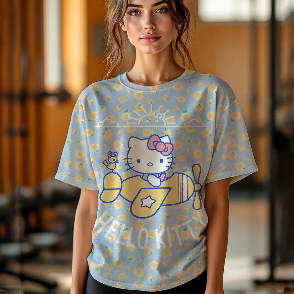 Girl Women's T-shirt Casual Kawaii Hello Kitty Cartoon Pattern Print Tshirt Comfortable Casual Women's Clothing Black Top