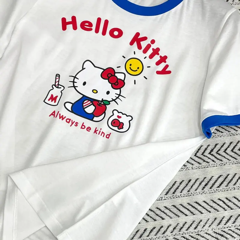 Miniso Cotton Hellokitty Cute T-shirt Girls Patchwork Korean White Top O-neck Casual Short Sleeve Tees Kawaii Anime Print Shirts