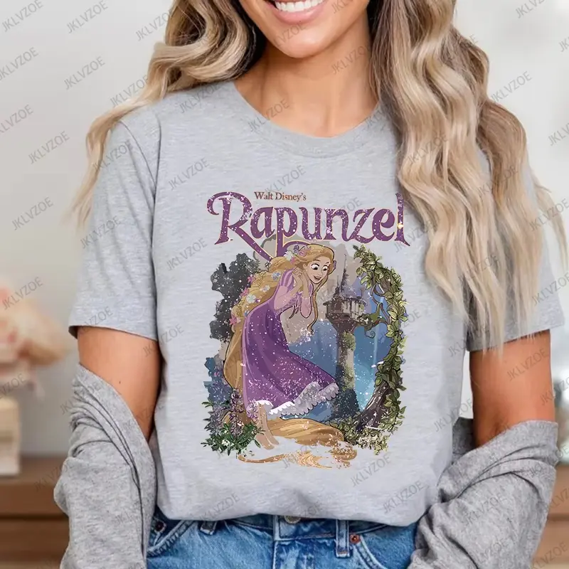 MINISO Disney Cartoon Cute Rapunzel Printed T-Shirt For Women Summer Cotton Short Sleeve O-neck Tees Casual Fashion Sports Tops