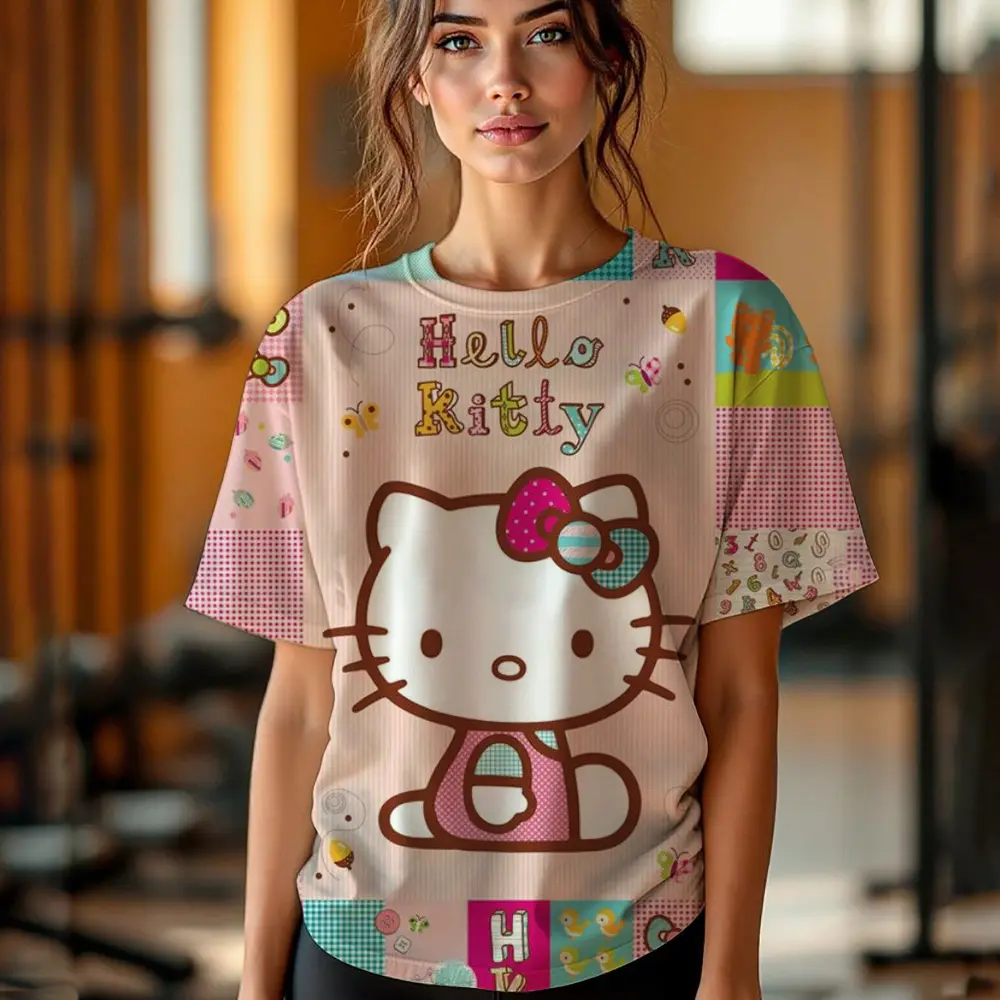 Girl Women's T-shirt Casual Kawaii Hello Kitty Cartoon Pattern Print Tshirt Comfortable Casual Women's Clothing Black Top