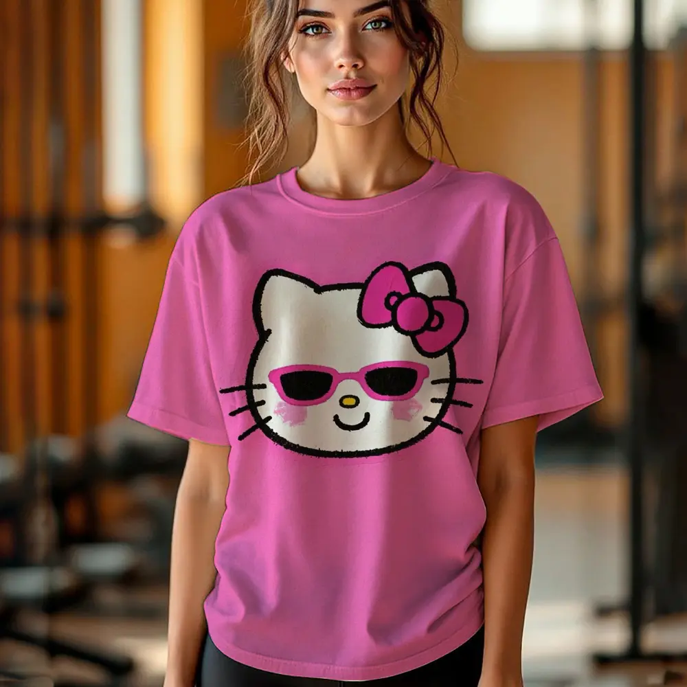 Girl Women's T-shirt Casual Kawaii Hello Kitty Cartoon Pattern Print Tshirt Comfortable Casual Women's Clothing Black Top