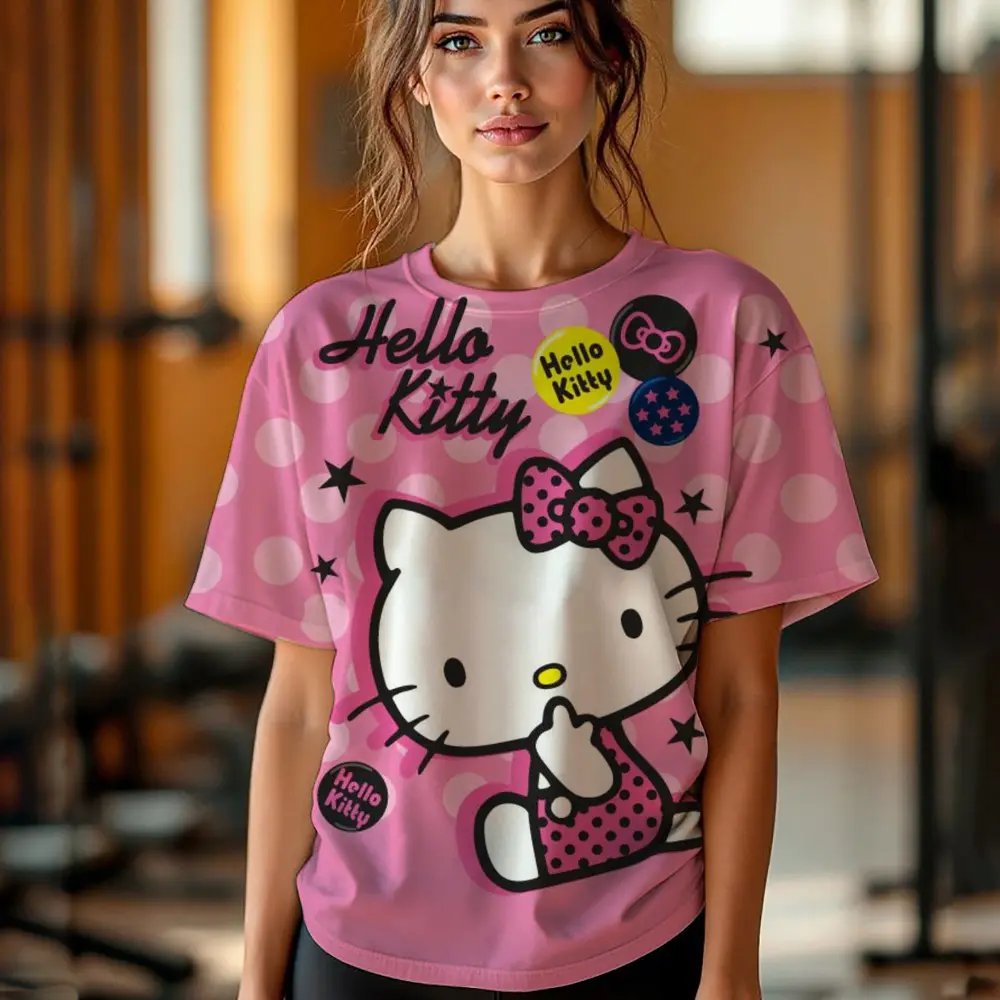 Girl Women's T-shirt Casual Kawaii Hello Kitty Cartoon Pattern Print Tshirt Comfortable Casual Women's Clothing Black Top