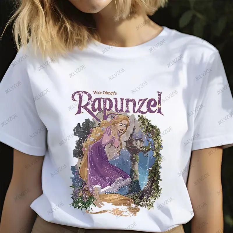 MINISO Disney Cartoon Cute Rapunzel Printed T-Shirt For Women Summer Cotton Short Sleeve O-neck Tees Casual Fashion Sports Tops