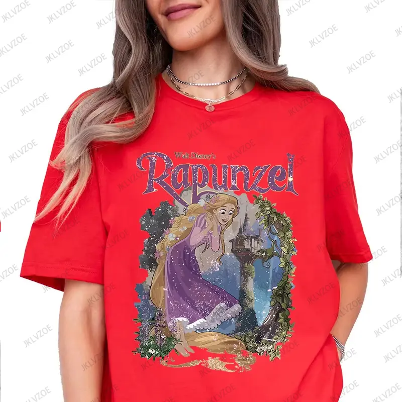 MINISO Disney Cartoon Cute Rapunzel Printed T-Shirt For Women Summer Cotton Short Sleeve O-neck Tees Casual Fashion Sports Tops